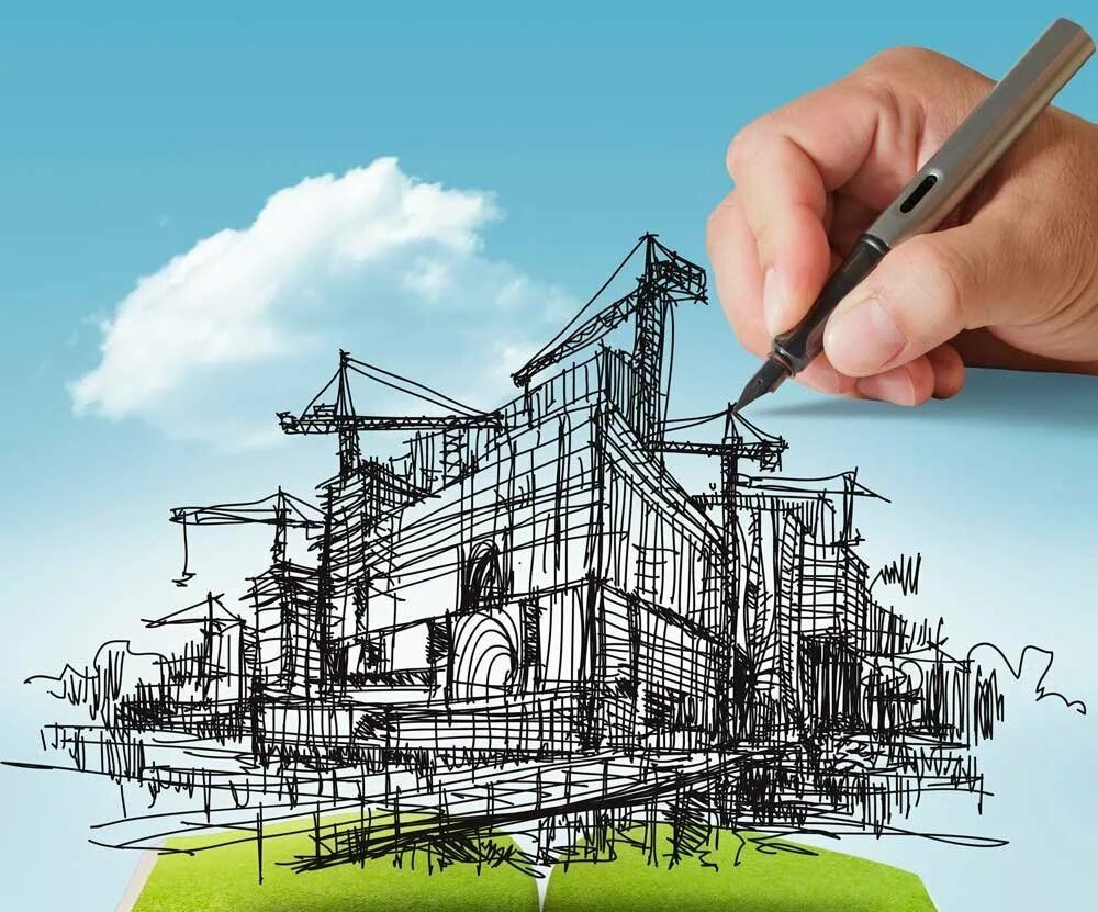 Векторный рисунок построен из сложных объектов. Стройка рисунок. Строительный проект. Проектирование зданий и сооружений. Картины для строительной компании.