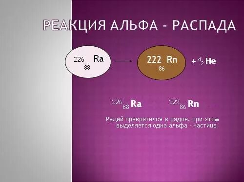 Запишите реакцию радиоактивного распада радия. Реакция альфа распада. альфа распад радона. реакция распада радона. реакция альфа распада радия.