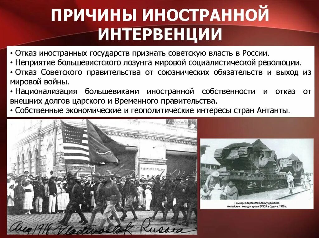 Страны принявшие участие в интервенции. Иностранная интервенция в России 1918-1922. Интервенция 1917-1922 причины. Причины иностранной интервенции 1918-1922. Причины гражданской войны и иностранной интервенции в России в 1918.