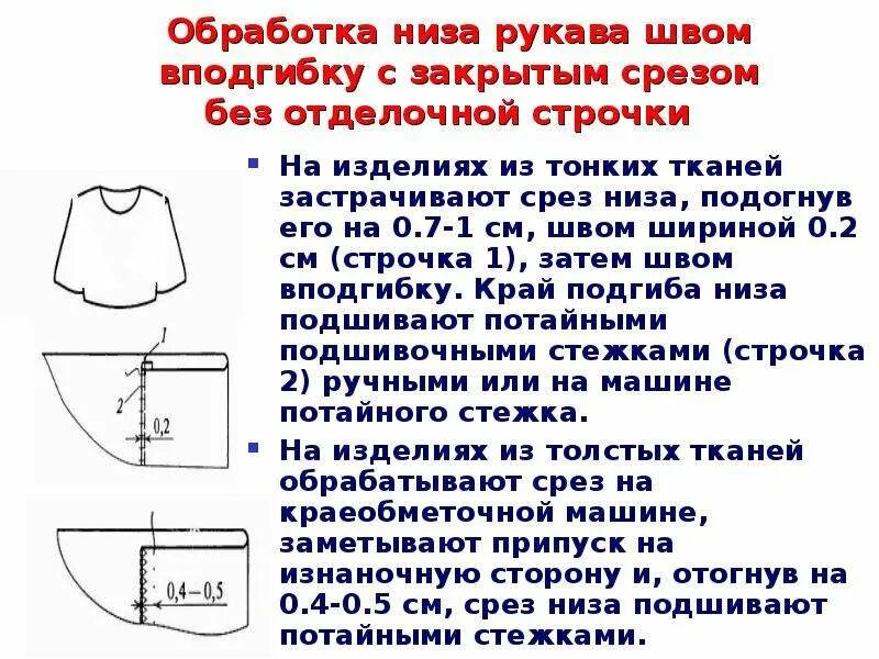 Обработка срезов деталей. Обработка низа изделия швом вподгибку. Схема обработки низа рукава притачной манжетой. Способы обработки Нижнего среза рукава. Технологическая последовательность обработки срезов рукава.