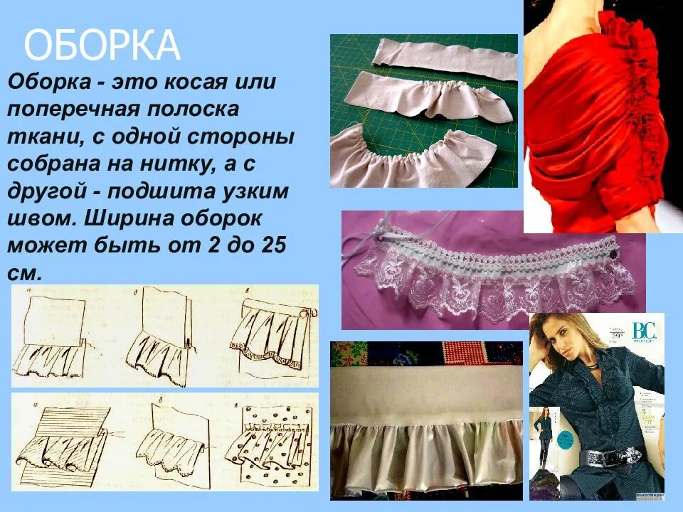 Оборка у пояса платья 5 букв. Отделка швейных изделий. Отделка изделия одежды. Отделочные детали в одежде. Оборки на одежде.