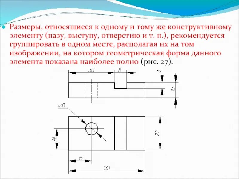 Размер относится к длине как нечестный. Размеры относящиеся к одному конструктивному элементу детали. нанесение размеров на пазы. конструктивные элементы деталей выступ. разрезы относящиеся к одному конструктивно муж элементу.