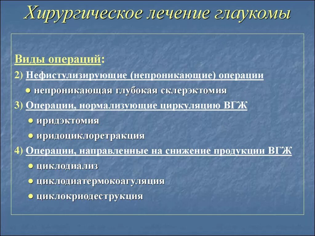 Методы хирургических операций. Виды хирургического лечения глаукомы. Хирургическое лечение глаукомы. Непроникающая глубокая склерэктомия. Хирургическое лечение первичной глаукомы.