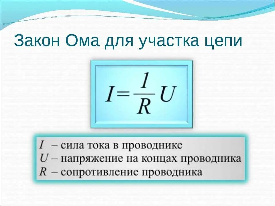 Сопротивление проводника формула закон ома. Закон Ома для участка цепи. Закон Ома для участка цепи формула. Формула закона закона Ома для участка цепи. Формулы по закону Ома для участка цепи.