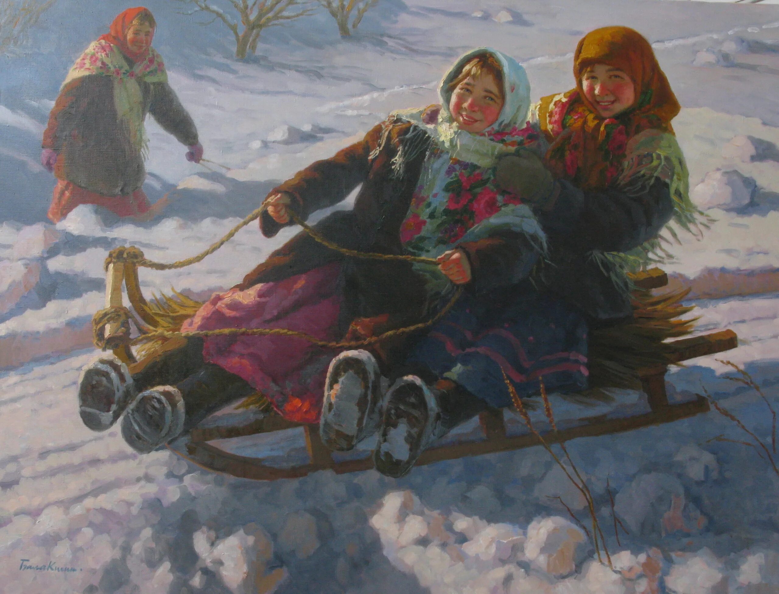 сани зимой. зима для детей. девочка на санках. балакшин евгений зима дети живопись. девочка на санях.