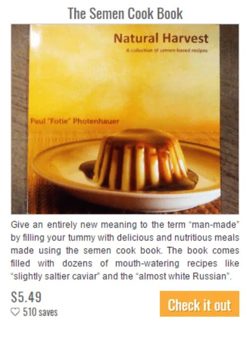 Natural Harvest – a collection of semen-based Recipes. Пауль Фотенхауэр. Cooking with semen book. Semen Cookbook. Natural harvest