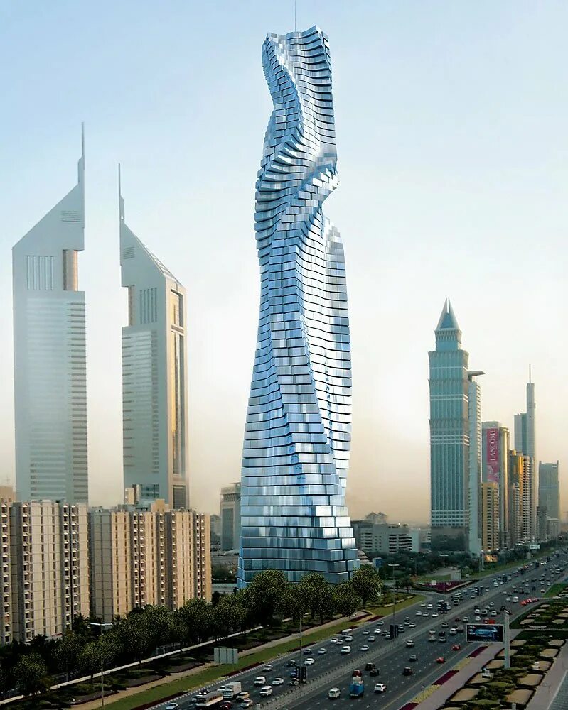 Вращающаяся башня Дэвида Фишера. Вращающаяся башня Дэвида Фишера в Дубае. Небоскрёб Бурдж-Халифа в Дубае. Da Vinci Tower в Дубае (Архитектор Дэвид Фишер). Высотных башен
