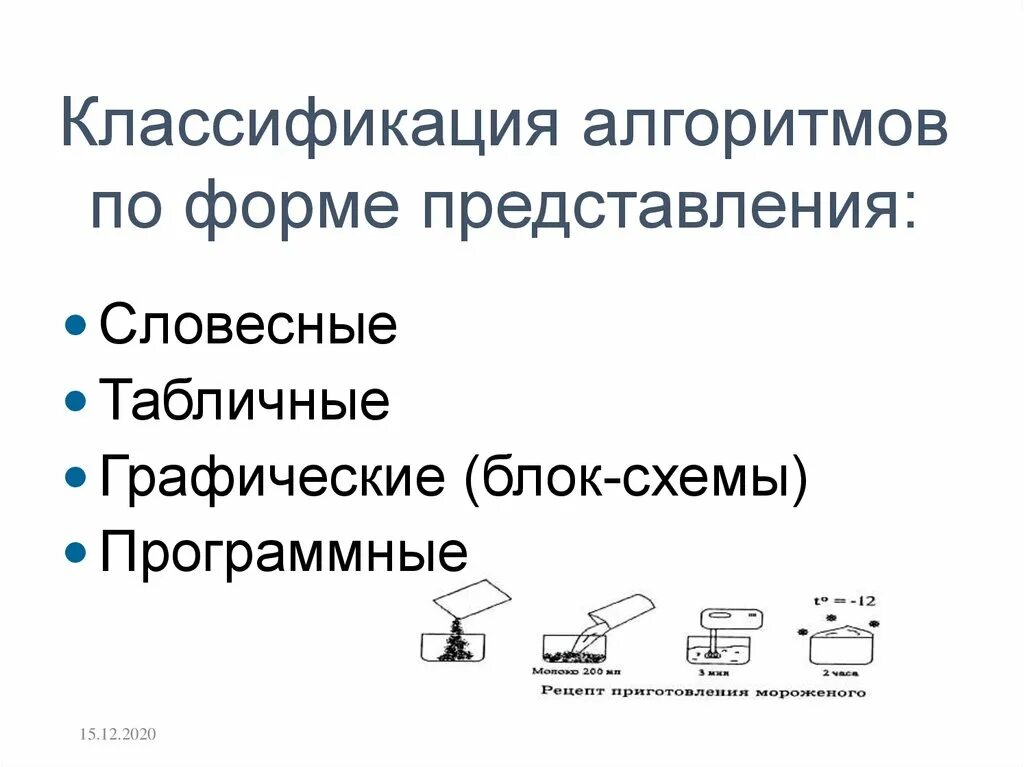 Классификация алгоритмов. Классификация алгоритмов по форме представления. Классификация алгоритмов Словесные и табличные. 2. Классификация алгоритмов по виду представления. Методы алгоритмов классификации