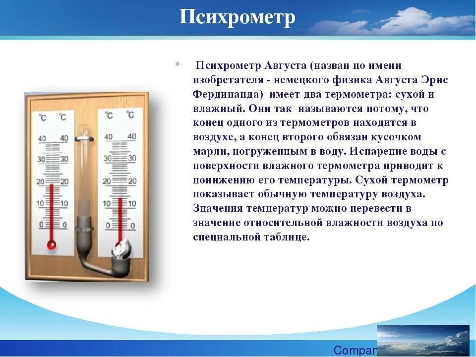 Температура и влажность воздуха в москве. Гигрометр психрометр таблица 8 класс. Прибор для измерения относительной влажности воздуха. Влажность воздуха физика психрометр. Психрометр презентация.