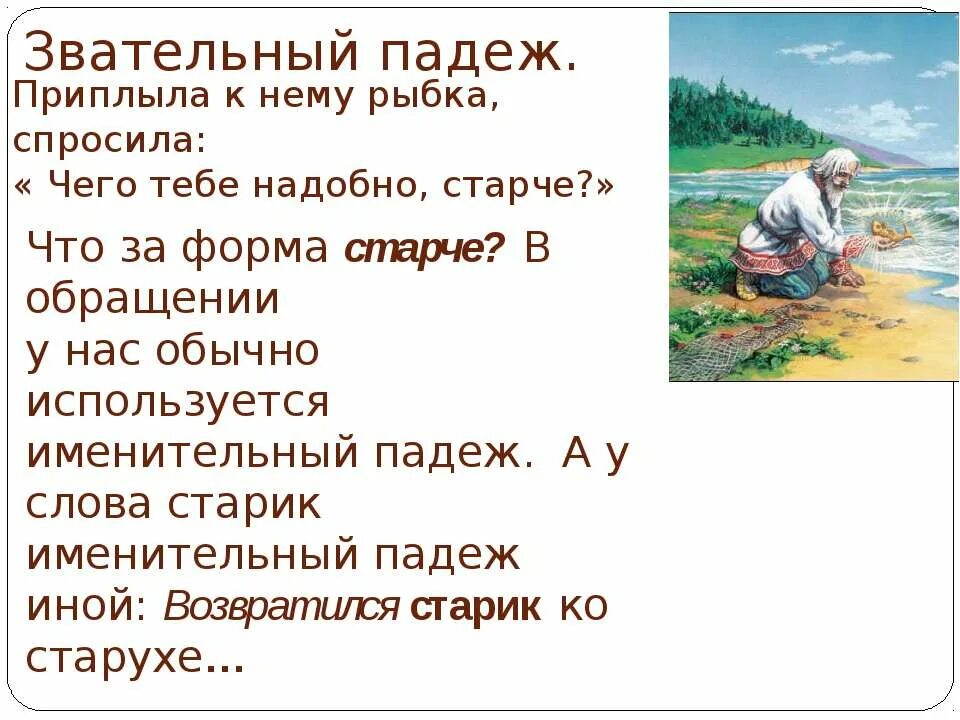 Приплыла к нему рыбка спросила чего ты надобно старче. Звательный падеж. Звательный падеж презентация. Обращение звательный падеж. Падеж слова старик