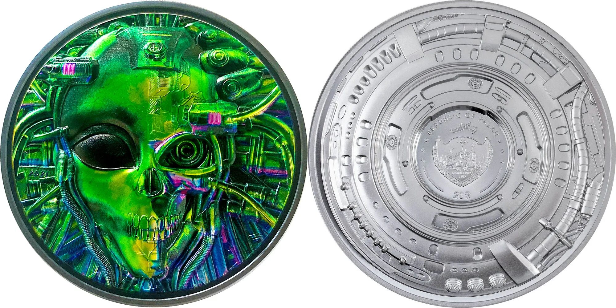 Монета Палау 2021. Зеленая монета. Монета киборги. Монеты с чужими. 3.3 oz