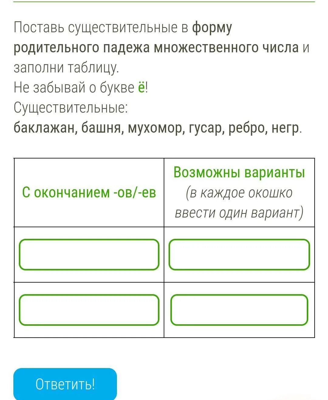 Родительный падеж калмыки. Возможны варианты в каждое окошко ввести один вариант. Поставь в форму родительного падежа множественного. Существительные в родительном падеже множественного числа. Поставить в форму родительного падежа множественного числа.