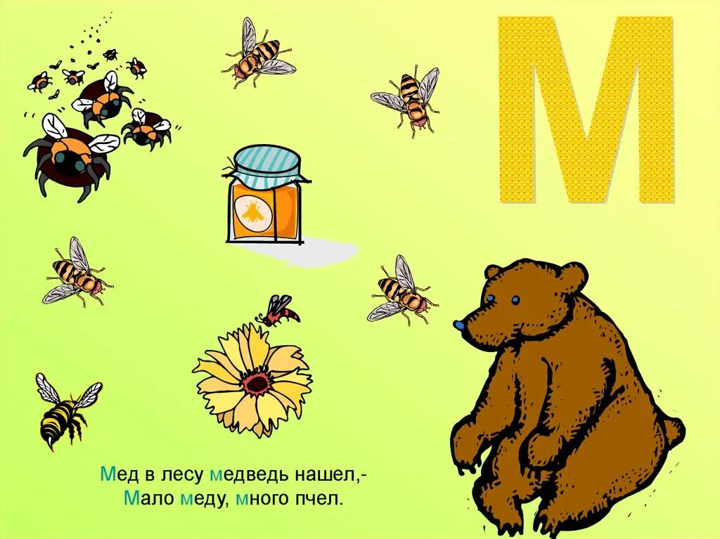 Скороговорки на м. Мед в лесу медведь нашел мало меду много пчел. Скороговорки на букву м. Буква м в картинках и стихах. Стихотворение про букву м.