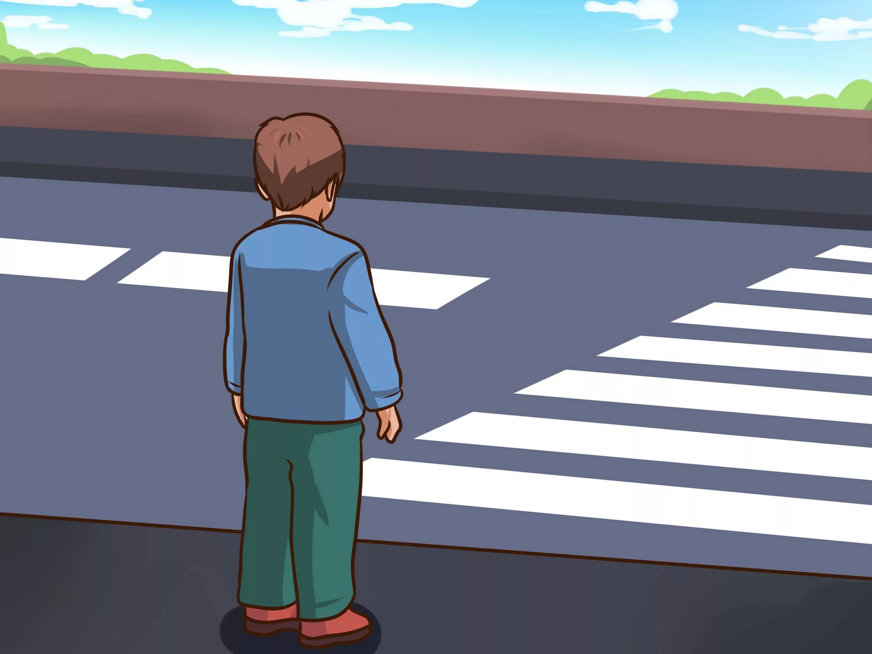 Мальчик переходит дорогу. Человечек переходит дорогу. Пешеход мультяшный. Нарисовать пешеходный переход.