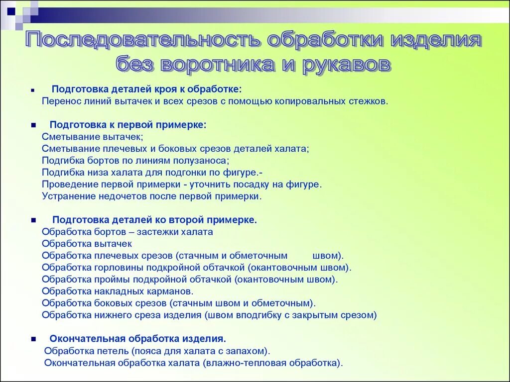 Последовательность обработки изделия