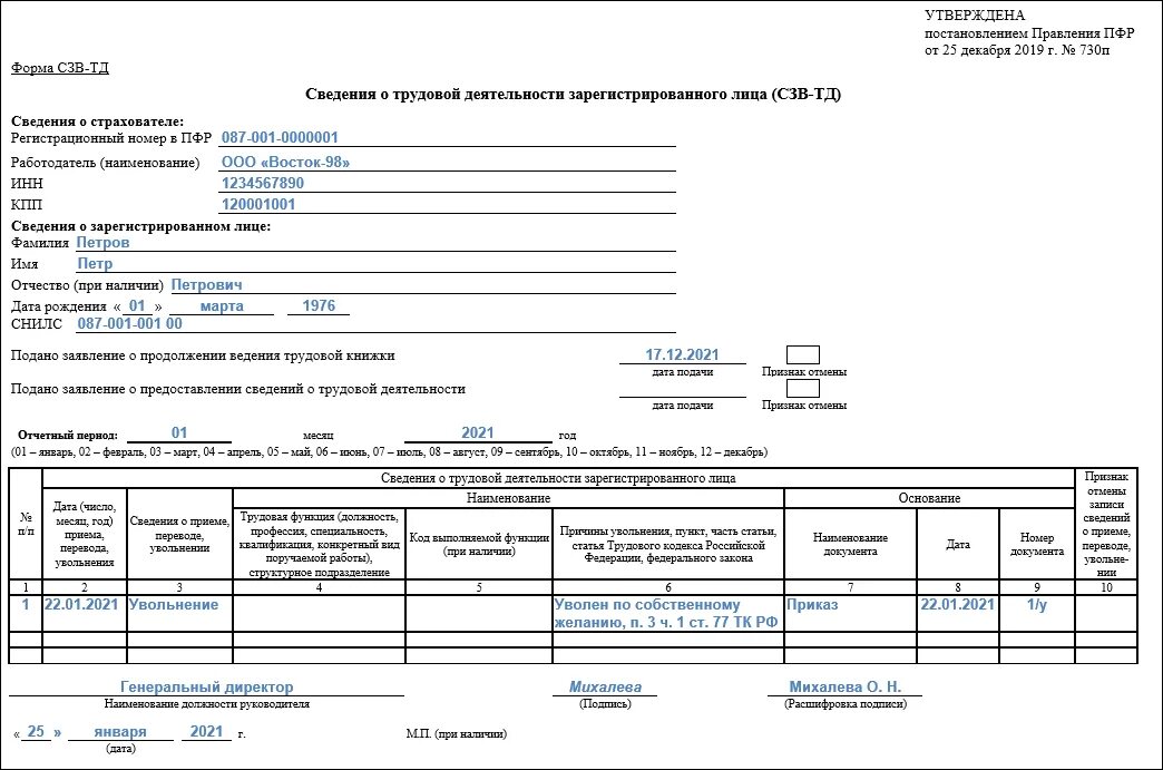 Документы работнику при увольнении 2023. СЗВ-ТД при увольнении в 2022 году. СЗВ-ТД 2021 образец. Увольнение сотрудника СЗВ ТД образец. Пример заполнения СЗВ-ТД при увольнении.