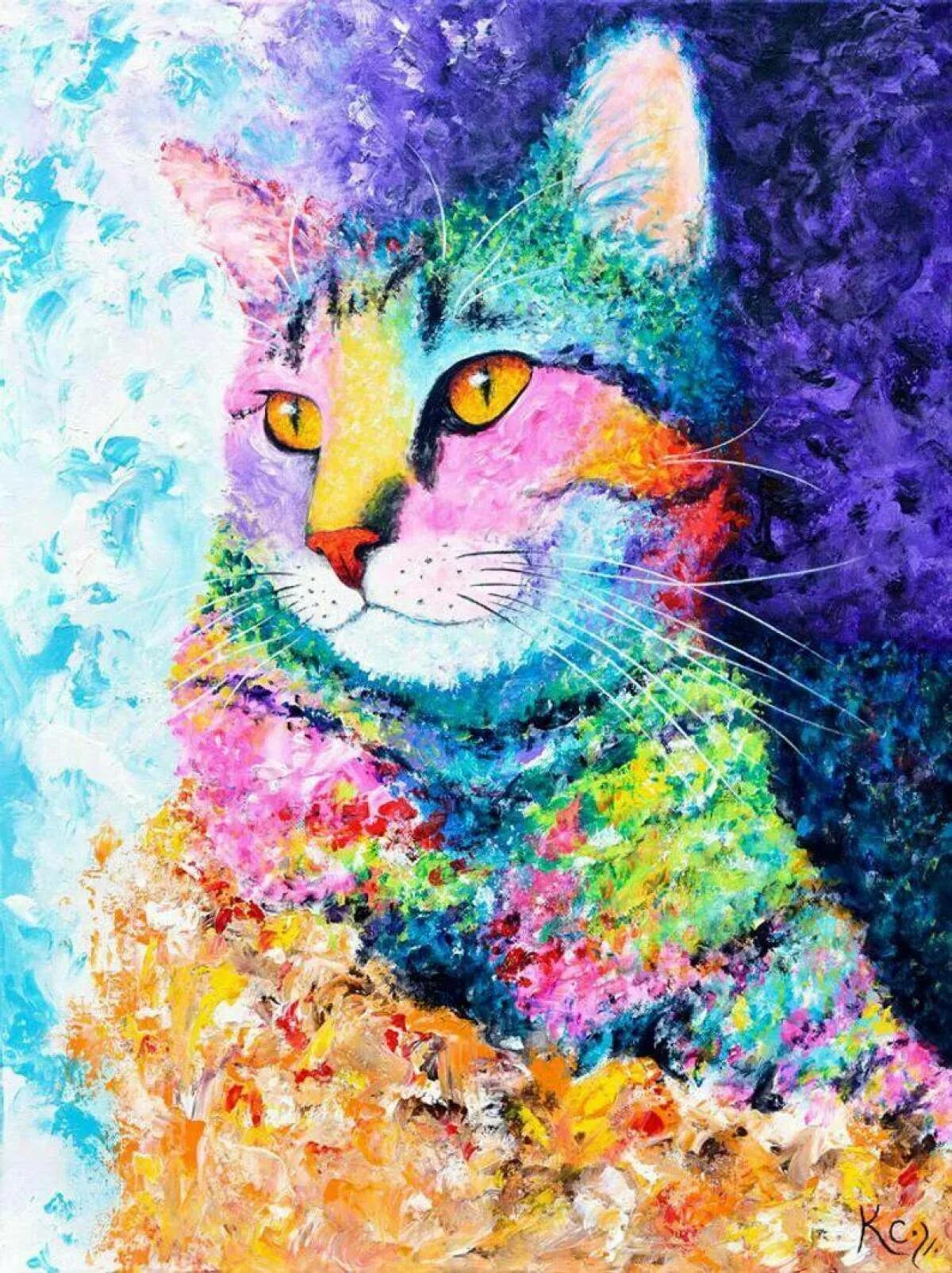 Разноцветная кошка. Радужный кот. Яркие котики. Рисунки разноцветные. Кот рисунок цветной