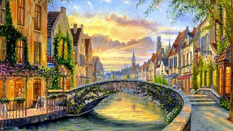 HD desktop wallpaper: House, Bridge, Painting, Spring, Artistic, Town, Belgium d