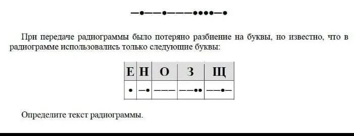 При передаче радиограммы было потеряно разбиение на буквы. Определить текст радиограммы .. .- -. --. ---. Ответ. Текст радиограммы. Сколько букв было в исходной радиограмме.