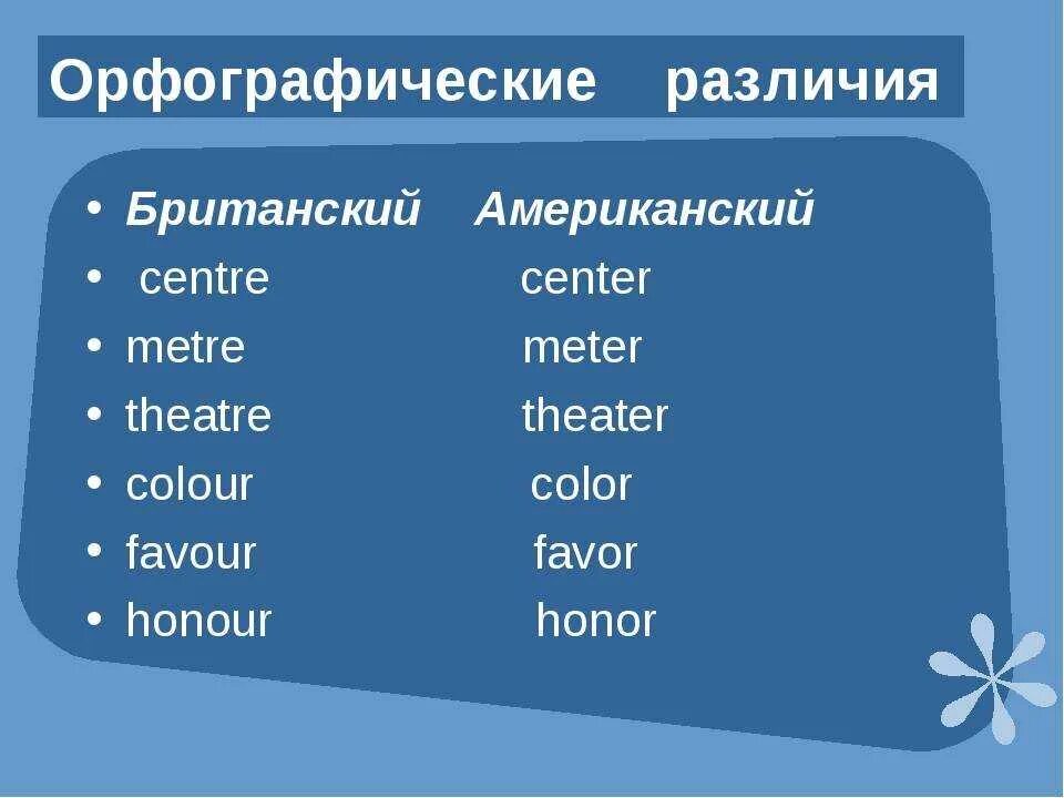 Чем отличается английский язык. Британский и американский английский различия. Различия между американским и британским английским. Орфографические различия американского и британского англ. Различия американской и британской орфографии.