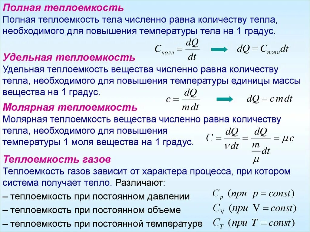 Сохраняют объем постоянным. Теплоемкость формула термодинамика. Как определяется теплоемкость. Формулы теплоемкости и Удельной теплоемкости. Удельная массовая теплоемкость формула.