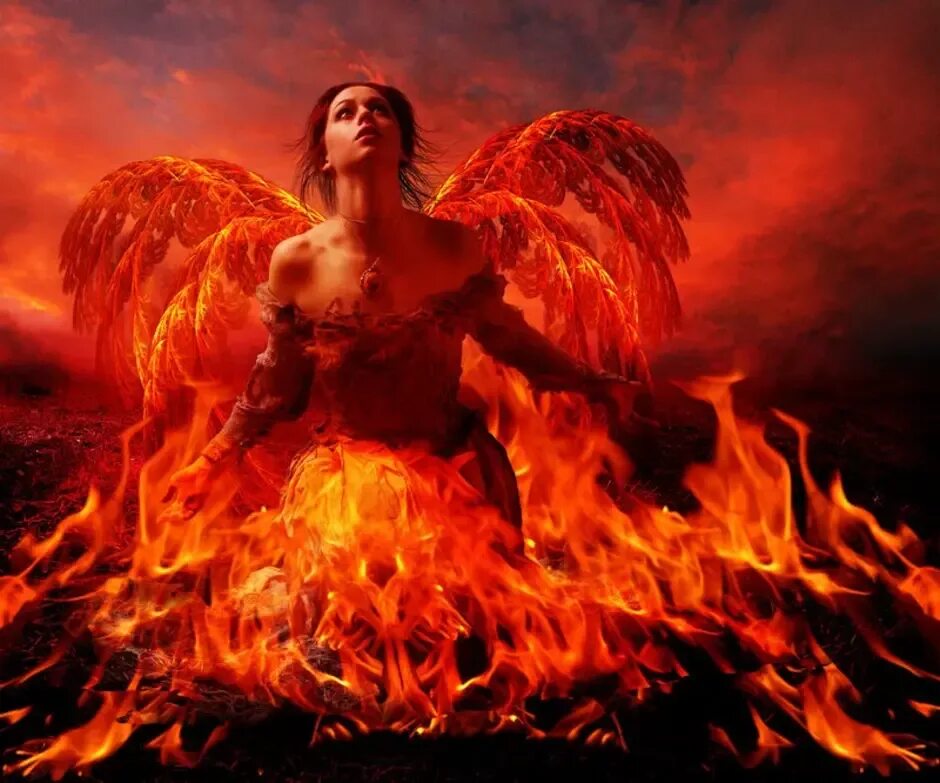 Птица Феникс возрождается из пепла. Огненный ангел. Человек с огненными крыльями. Ангел с горящими крыльями. Сгорающие крылья
