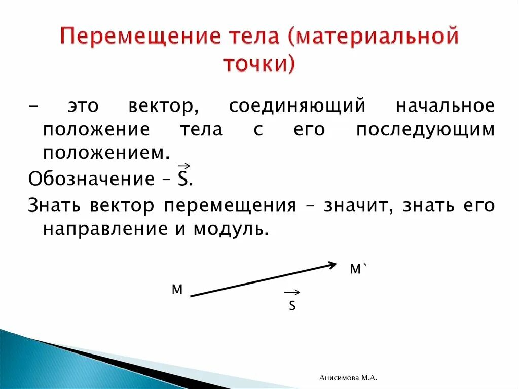 Материальная точка название группы понятий. Траектория, путь, вектор перемещения. Вектор соединяющий начальное положение тела. Вектор, соединяющий начальное положение тела с его последующим.. Перемещение тела.