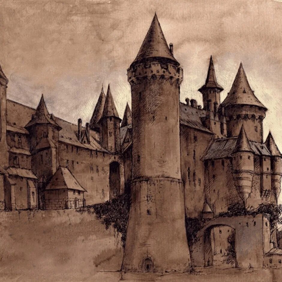 Произведения старый замок. Замок Мусоргского. Старый замок средневековье Гартман. Рисунок старого замка. Старый замок рисунок.