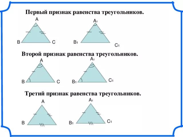 Все признаки треугольника. Равенство треугольников. Признаки равенства треугольников.. 1 2 3 Признак равенства треугольников. 1 2 3 Признак равенства треугольников 7. Первый второй и третий признак равенства треугольников.