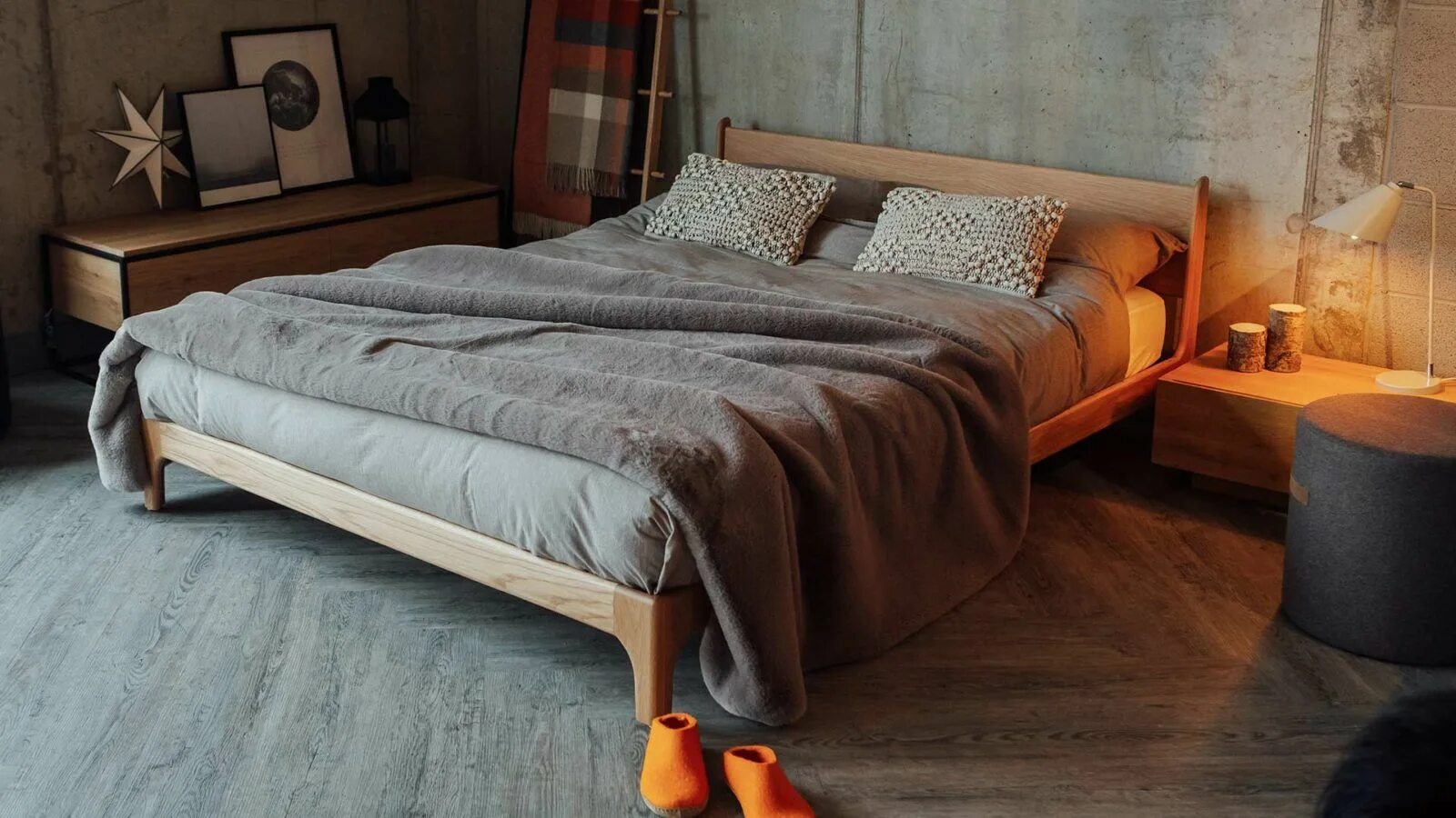 Кровать Organic Grey. Кровать бетон. Кровать шерсть