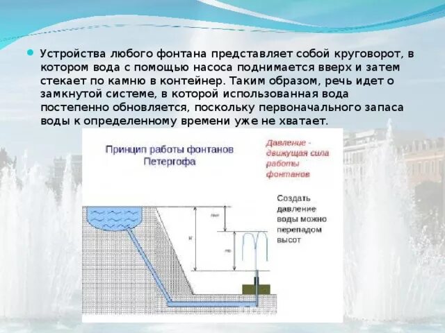 Water fountain перевод на русский. Принцип работы фонтанов в Петергофе схема. Фонтаны Петергофа сообщающиеся сосуды. Модели фонтанов сообщающиеся сосуды. Схема работы фонтана.