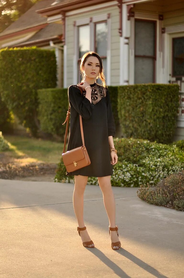 Черное платье и бежевые туфли. Образы с коричневыми босоножками. Платье коричневое. Черное платье с бежевыми туфлями. Образы с коричневой сумкой.