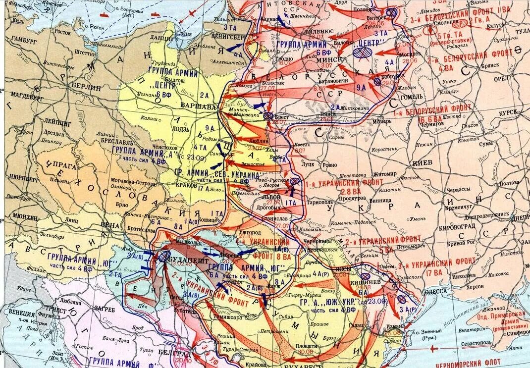 Второй фронт в 1944г карта. Освобождение Восточной Европы 1944-1945 карта. Линия фронта к 1944 г. Карта боевых действий на советско-германском фронте 1945.