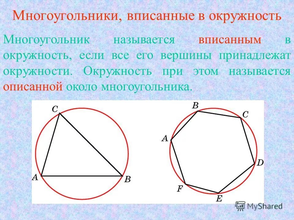 Дайте определение окружности вписанной в многоугольник. Вписанный многоугольник. Многоугольник описанный около окружности.