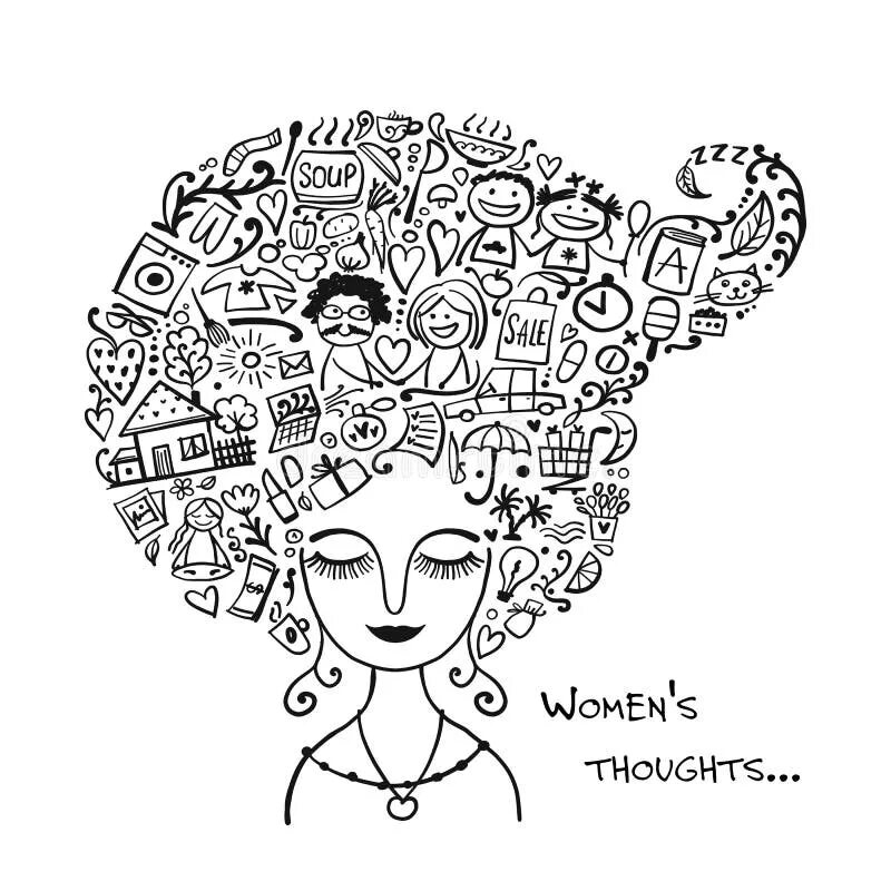 Женское мышление 7 букв. Женские мысли в голове рисунок. Голова женщины рисунок. Мысли в голове женщины картинки. Много мыслей в голове рисунок.