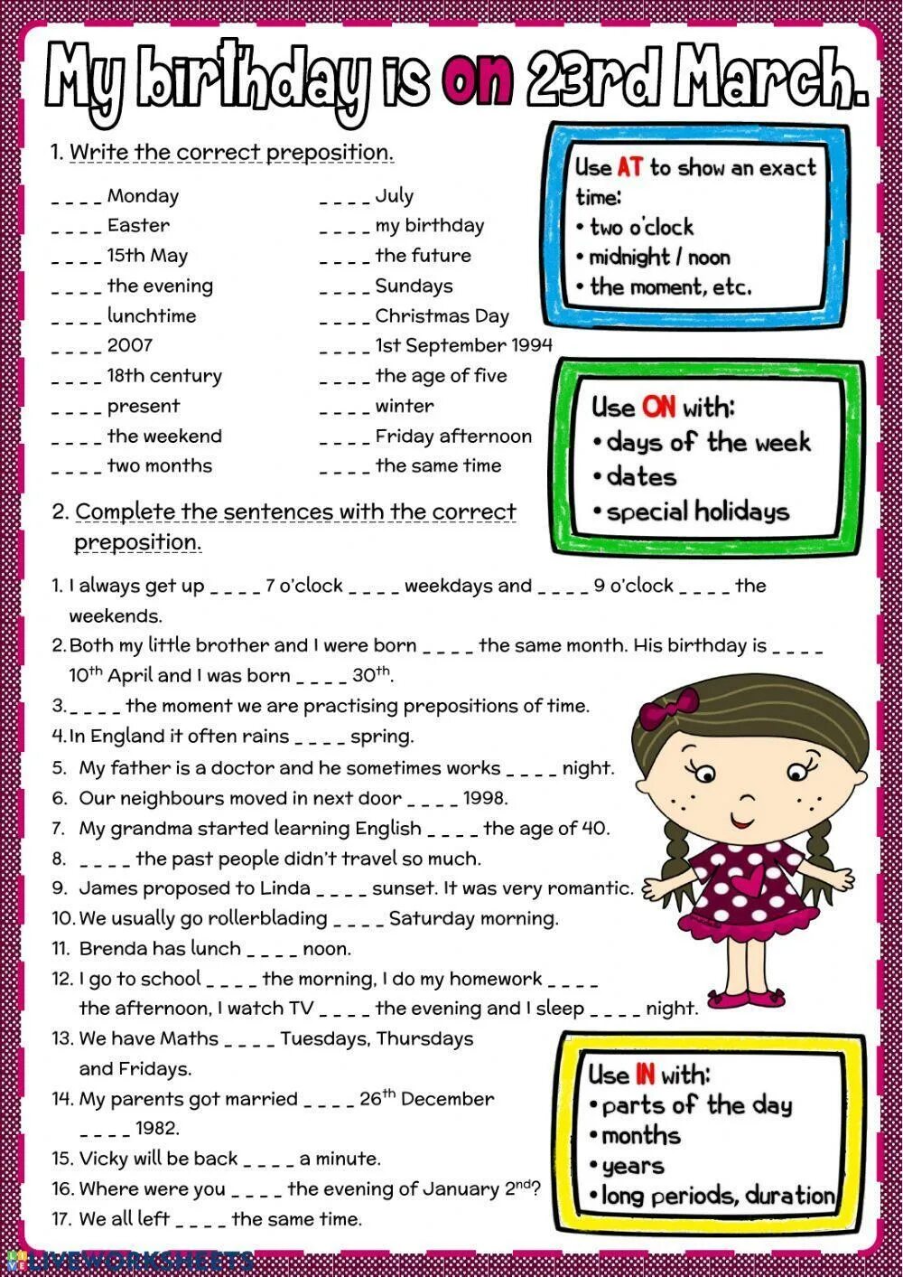 My Birthday is on 23rd March ответы. Birthday Worksheets. Birthday упражнения английский. Prepositions of time at on in. For two months has the