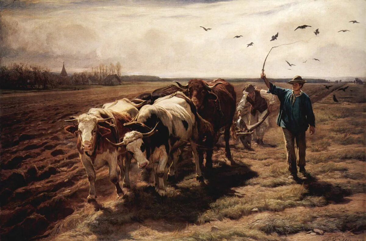 Пастухи гонят стадо. Пахота в картинах русских художников 19 века. Пахота на волах.