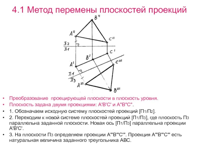 Натуральная величина треугольника начертательная геометрия. Нахождение натуральной величины начертательная геометрия. Преобразование проекций вращения вокруг линии уровня. Определить натуральную величину плоскости треугольника. Плоскость общего положения.