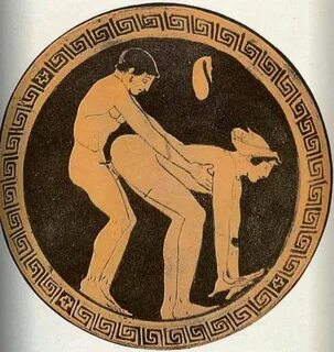 An ancient wine jug depicting a customer and a prostitute (a money pouch is...