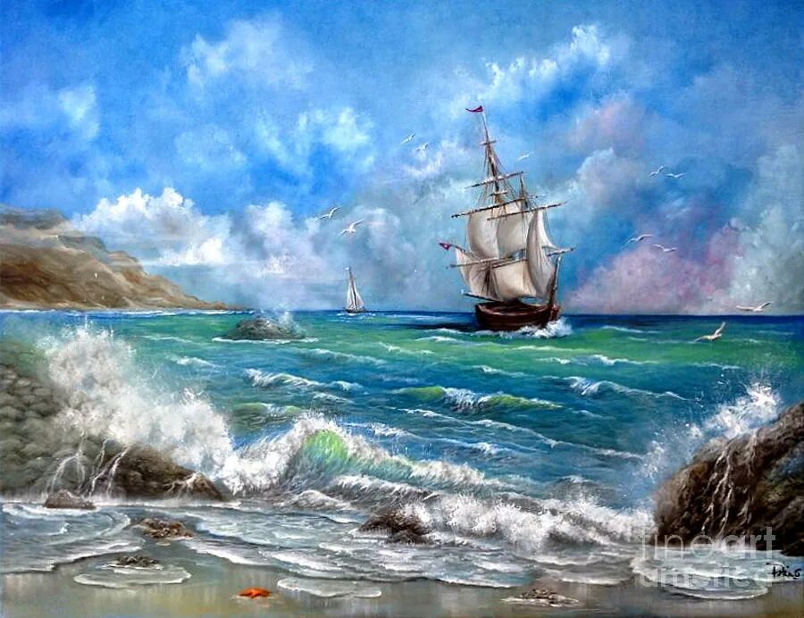 Художник нарисовал деревья море корабли. Морской пейзаж с кораблем. морской пейзаж с парусником живопись. море корабль живопись. картина корабль в море.
