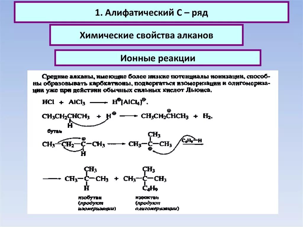 Механизмы реакций алканов. Механизм реакции изомеризации алканов. Производные алифатических соединений. Ионные реакции алканов. Алифатические углеводороды.