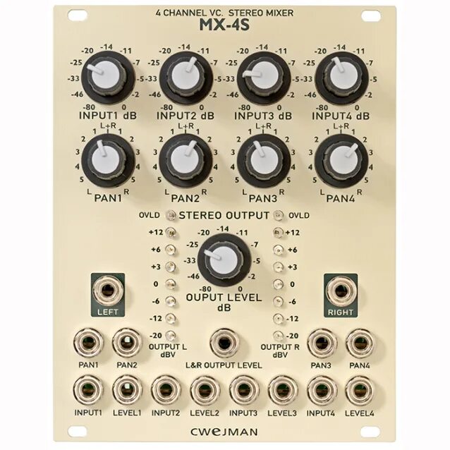 Eurorack Module Mixer. Stereo Mix. Стерео-МХ-4. Mixer модуль синтезатор. Output level