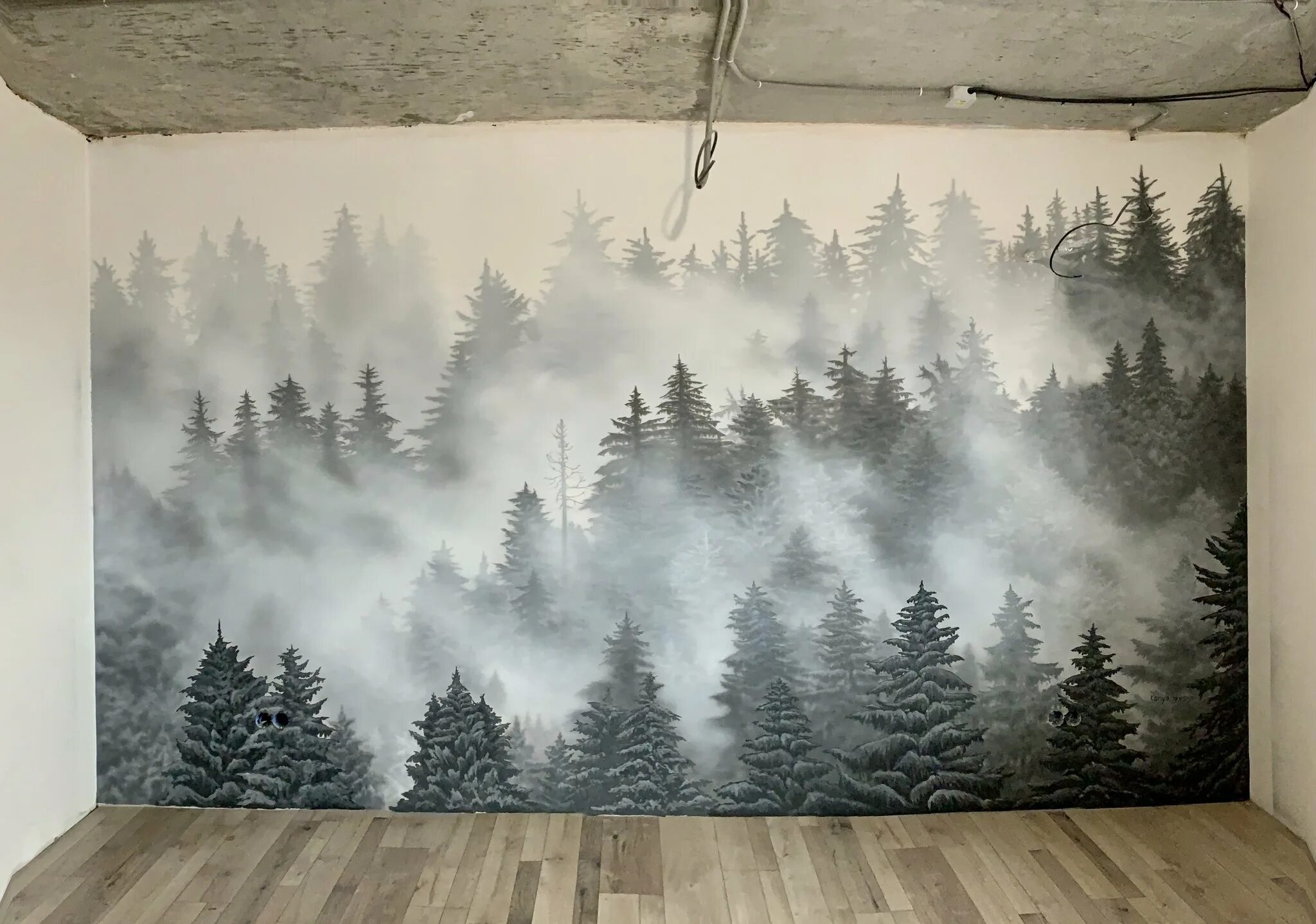 Фреска лес в тумане Аффреско. Роспись стен лес. Лес на стене в интерьере. Роспись стен лес в тумане. Хвойная стена