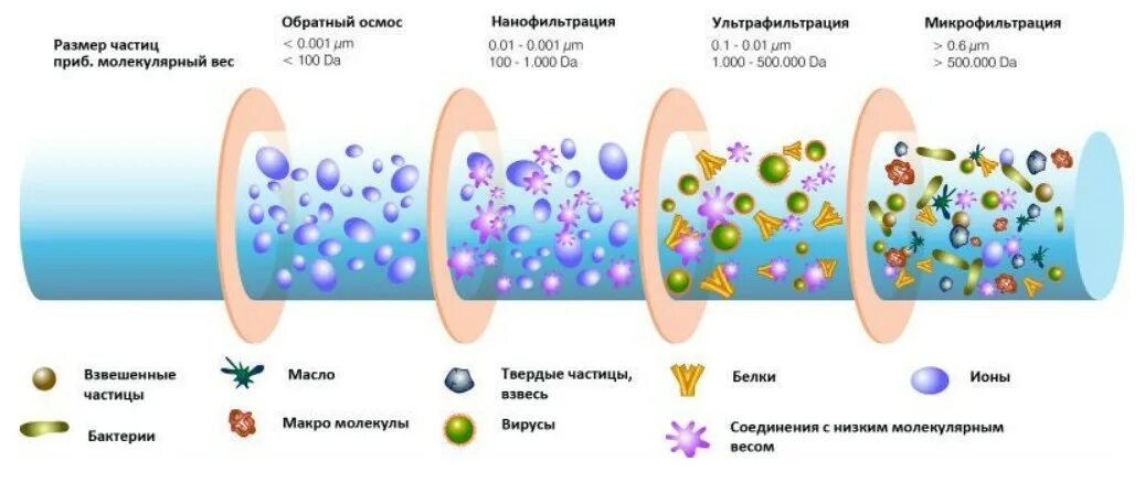 Мембранная фильтрация схема. Обратный осмос размер частиц. Ультрафильтрация мембранная схема. Нанофильтрация воды схема. Сравнение размеров частиц