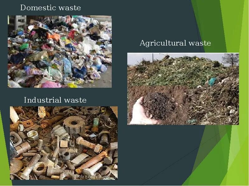 Harmful to the environment. Agricultural waste. domestic waste. environmental damage from agricultural waste. waste from domestic activity.