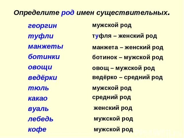 Имена существительные овощи. Туфля род существительного. Какоготрлда слрво тюль. Определите род существительных тюль. Тюль род мужской или женский.