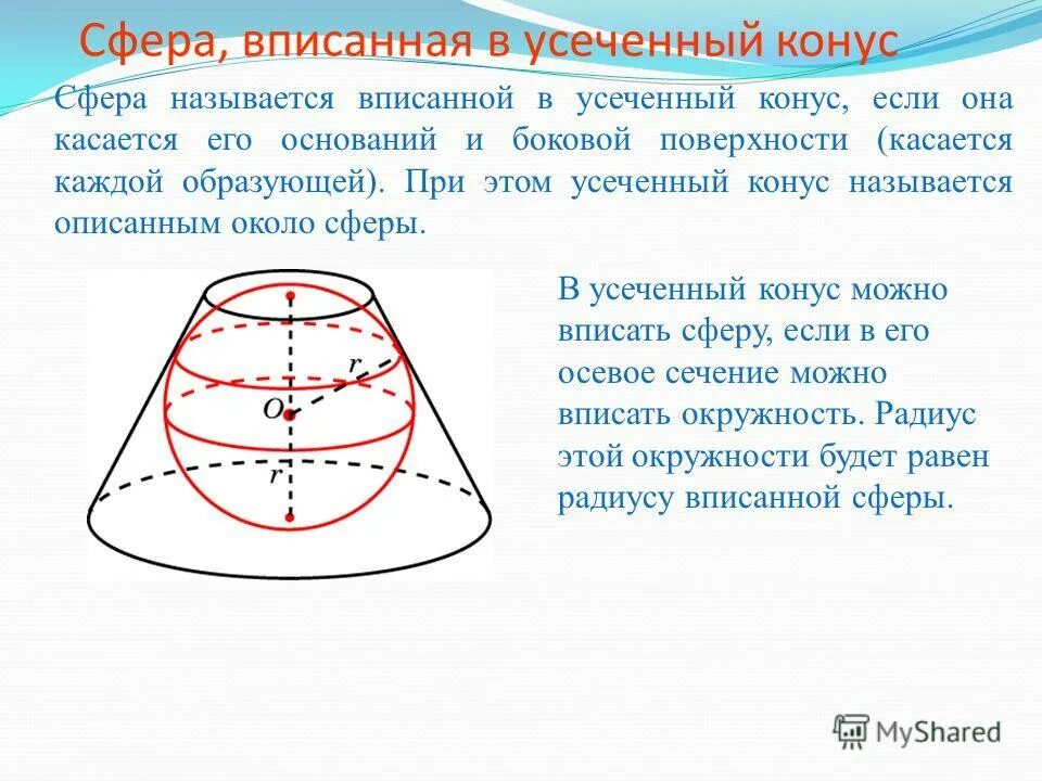 В шар вписан конус основания 10. Усеченный конус радиус сферы. Радиус сферы описанной около усеченного конуса. Сфера вписанная в конус. Радиус сферы вписанной в усеченный конус.