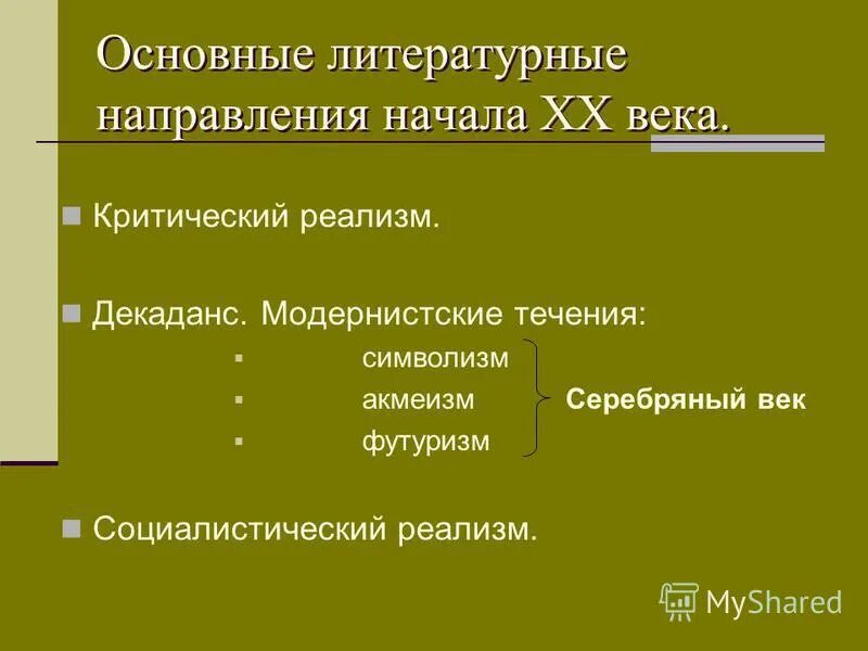 Основные направления русской литературы 20 века