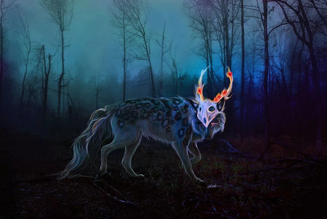 Заколдованный волк. Мистические Лесные животные. Мистические волки. Магические существа. Мистический олень.
