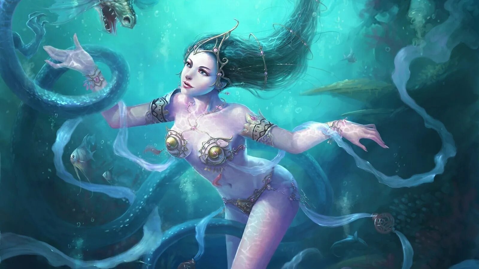Мерфолк аниме. Царица мерфолк. Мерроу русалки. Нимфы океаниды. Красивые русалки.